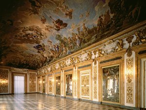 Uitzicht op de loggia met plafondfresco die de Apotheose van de Tweede Medici-dynastie afbeeldt, 1670-88
